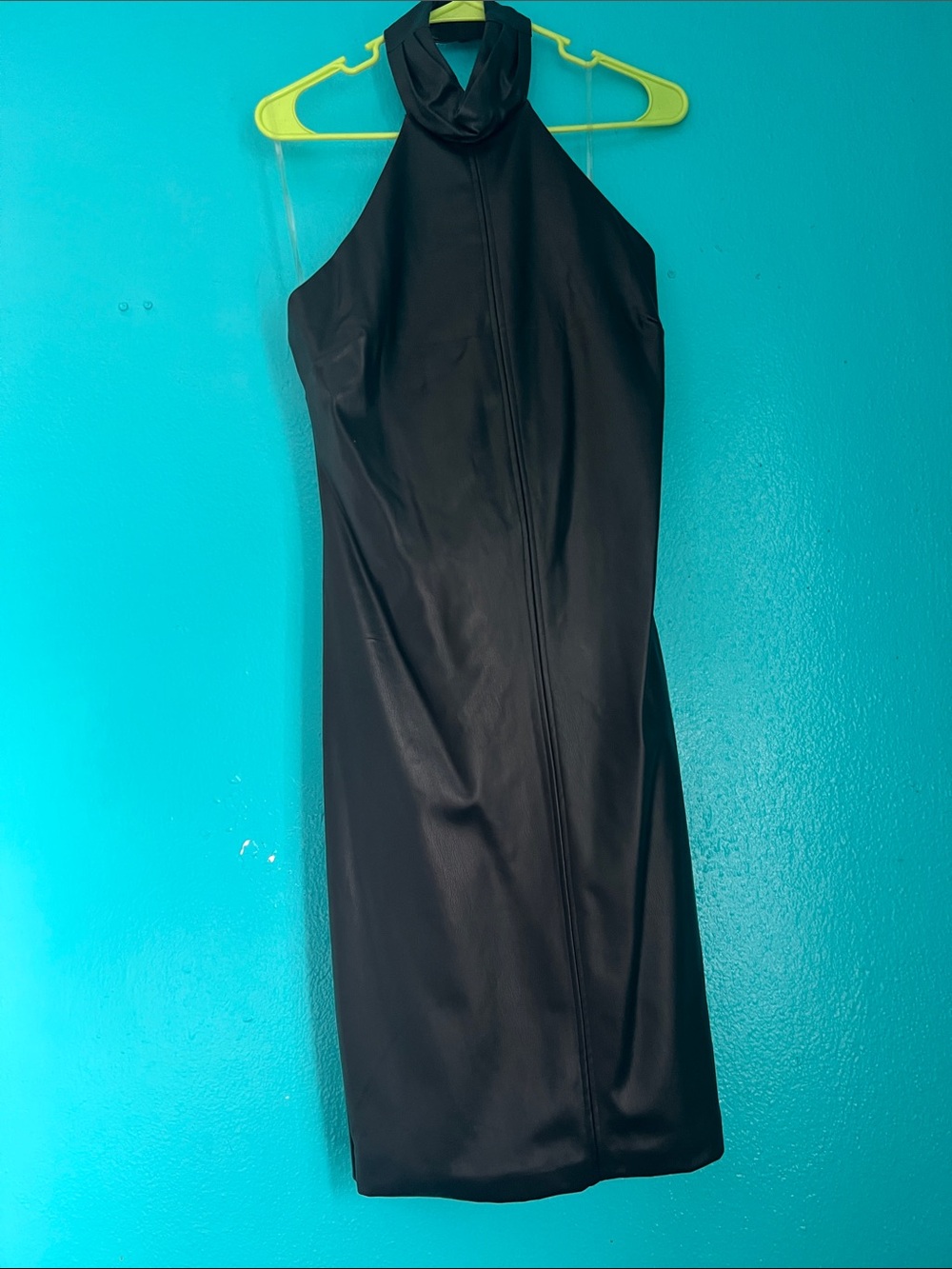 Women's Black Halter Neck Dress - Sleek Evening Style Faux Leather XL